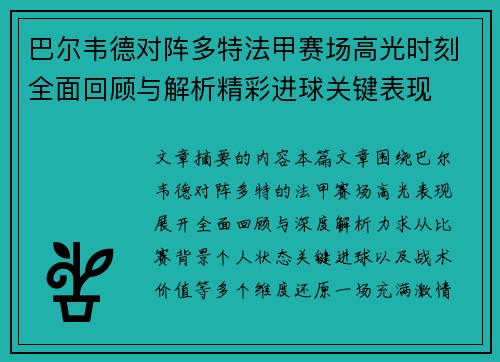 巴尔韦德对阵多特法甲赛场高光时刻全面回顾与解析精彩进球关键表现