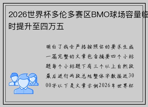 2026世界杯多伦多赛区BMO球场容量临时提升至四万五 2026世界杯多伦多赛区BMO球场容量临时提升至四万五